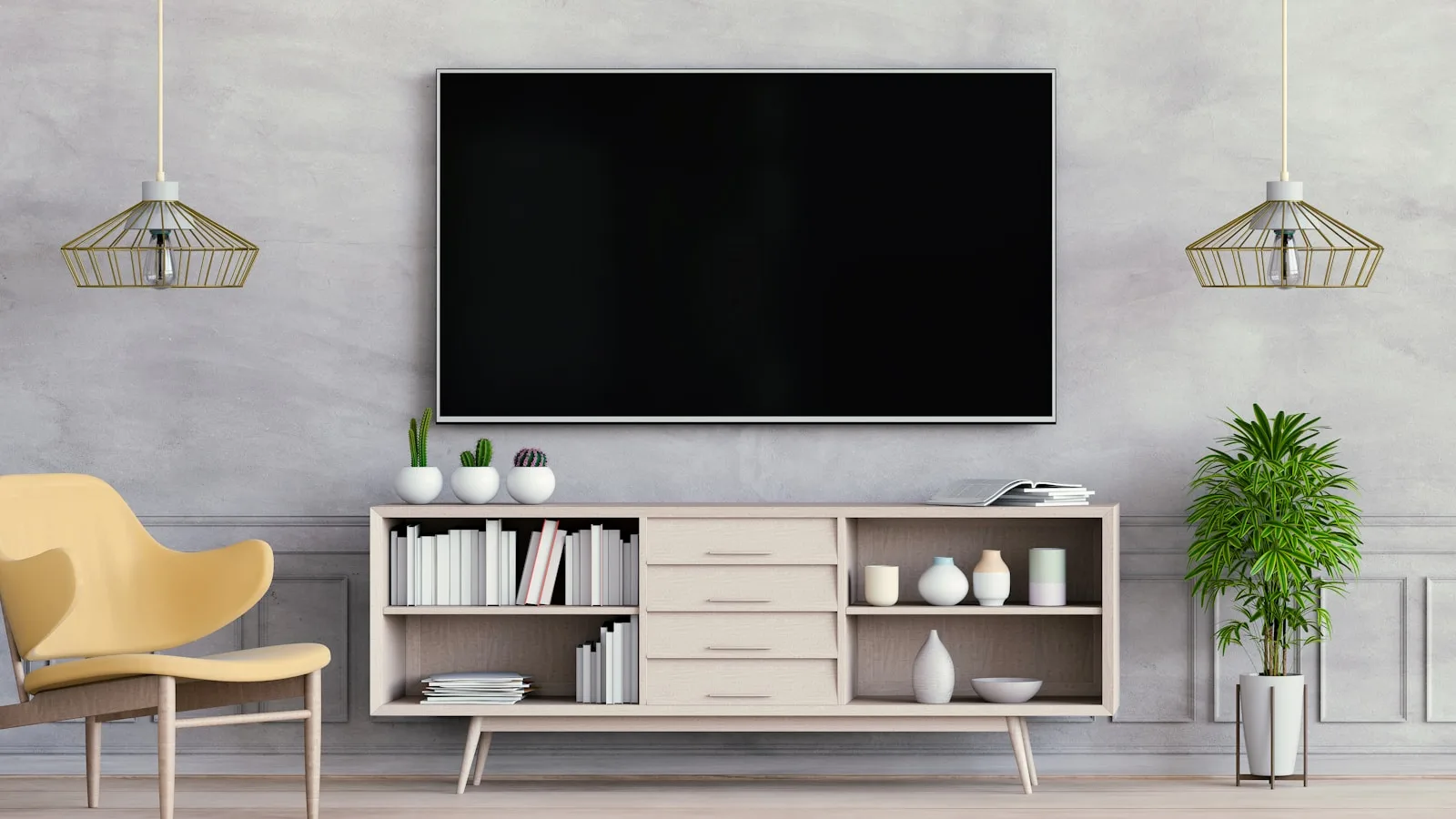 Téléviseur mural avec meuble et rangement illustrant l'installation de l'IPTV sur LG