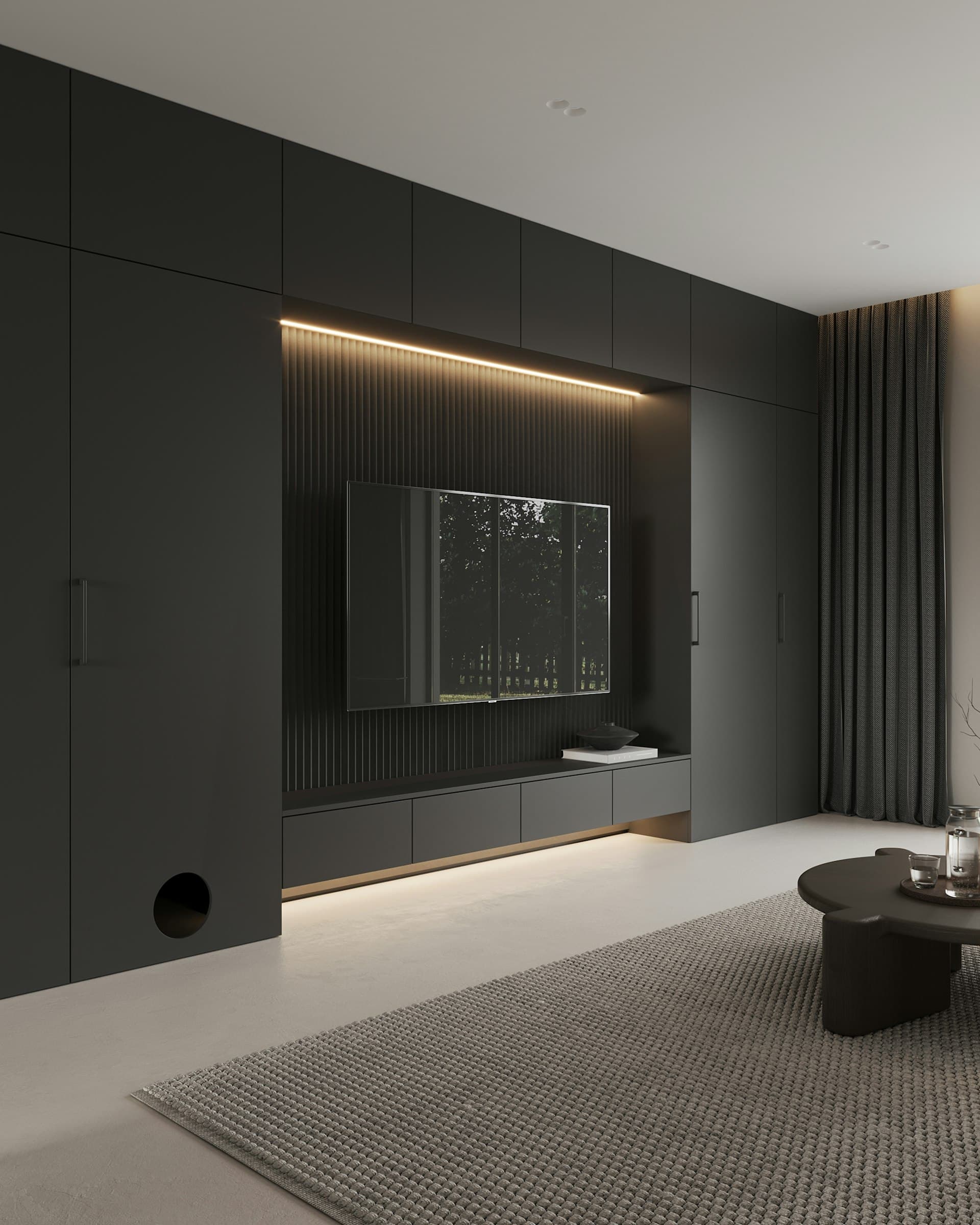 Modern living room with a premium smart TV streaming Atlas TV channels